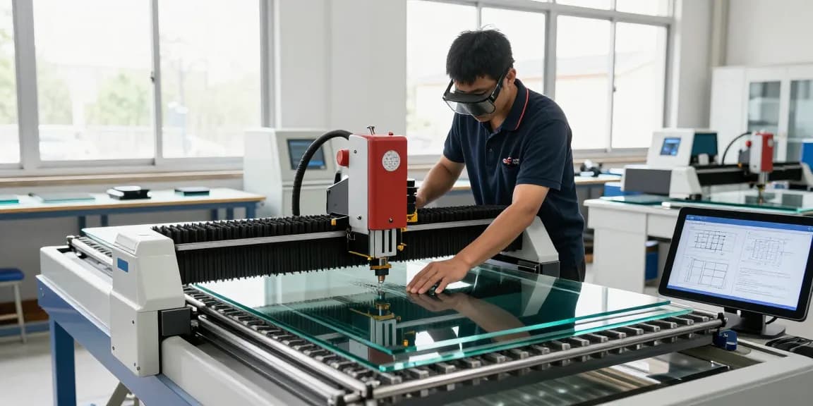 CNC glass cutting machine in a modern workshop, showcasing advanced glass processing technology.