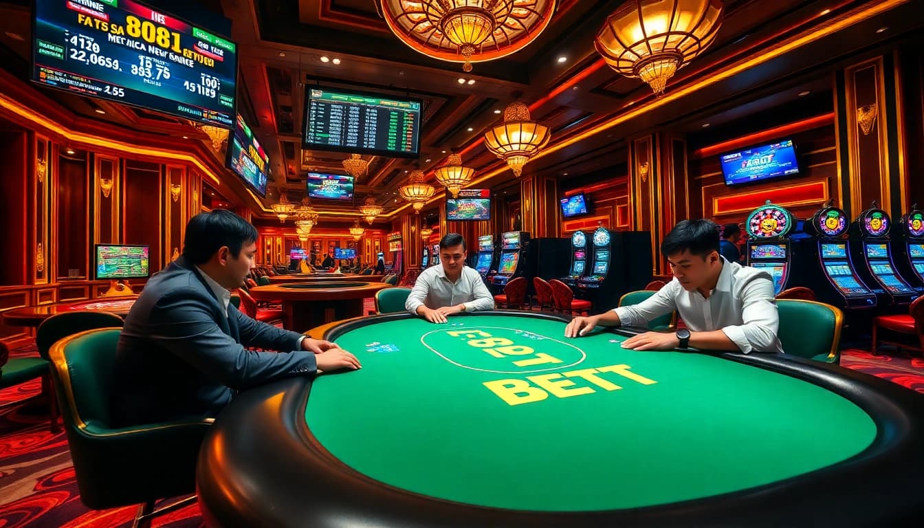 F8BET branding shines on an exciting poker table filled with engaged players and modern gaming elements.