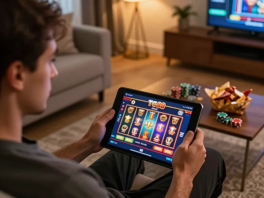 Player enjoying gaming at TG88 online casino on a tablet in a cozy living room