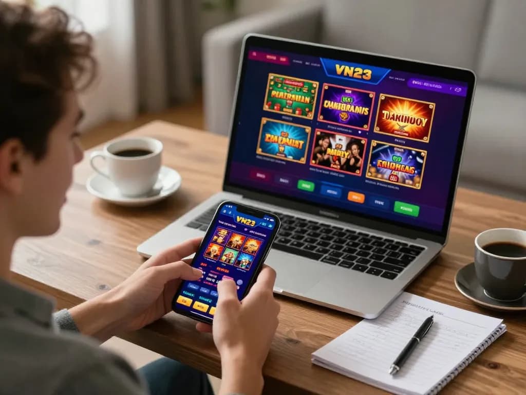 Experience thrilling mobile betting with VN23 casino app in a cozy home setting.