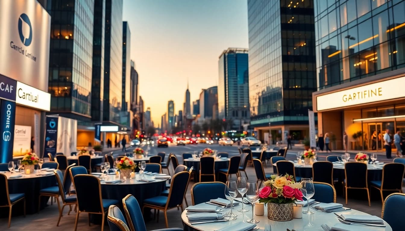 Corporate Event Rentals elegantly set up in a professional urban environment showcasing tables, chairs, and decor.