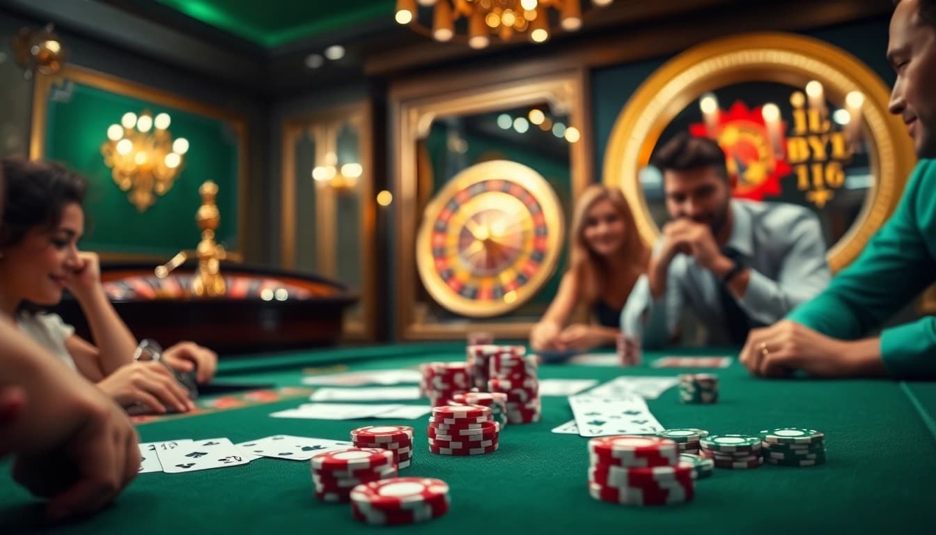 Excited gamblers playing poker and placing bets at a 7upbet casino.