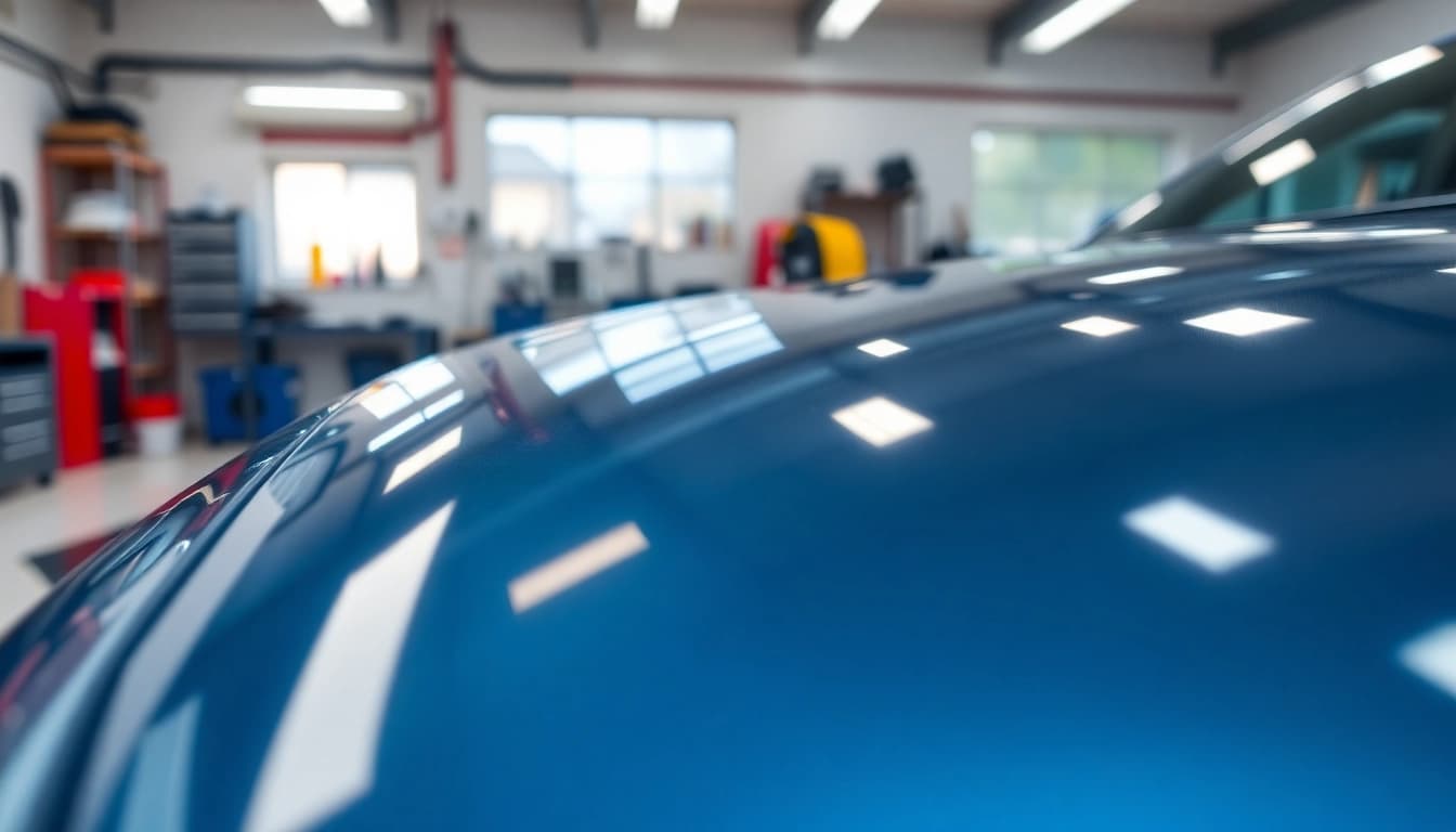 Ceramic coating near me enhancing the shine of a car in a professional detailing workshop.
