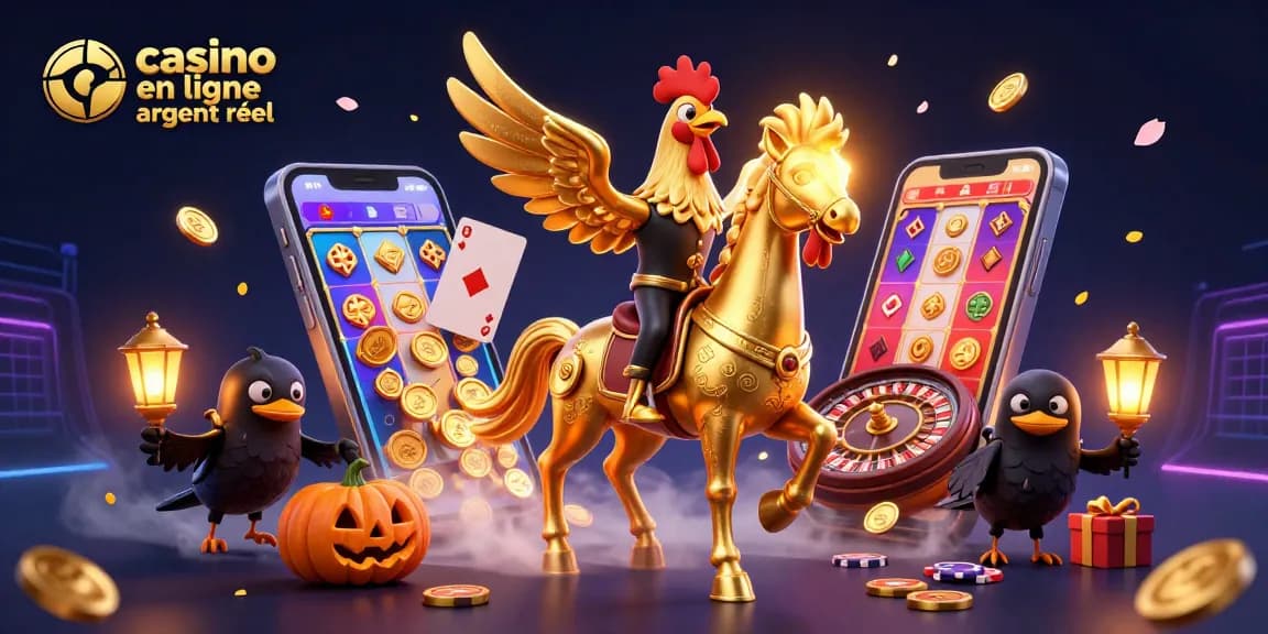 Illustration de casino en ligne argent réel avec un coq doré, lanternes et éléments de jeux