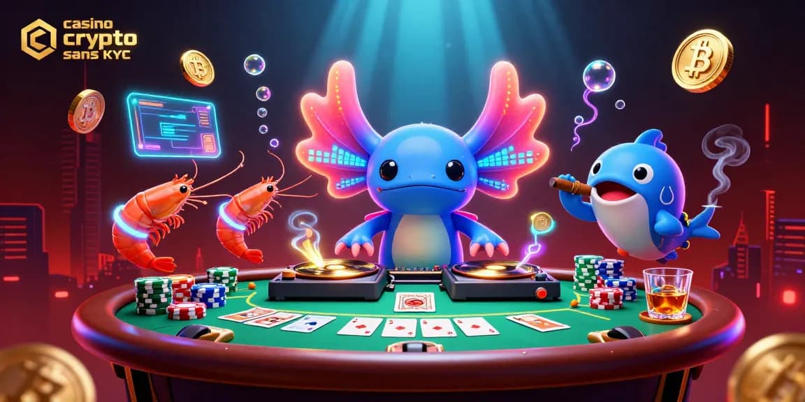 Illustration dynamique d'un DJ axolotl de casino crypto sans KYC entouré de personnages marins colorés.