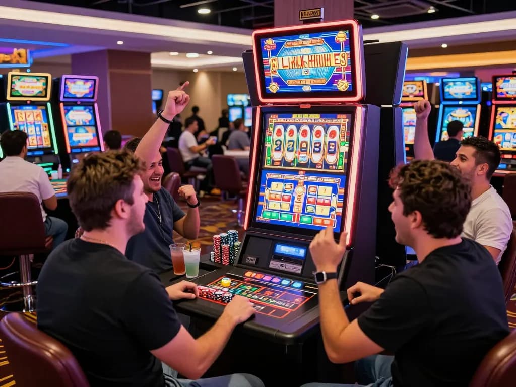 Exciting scene of players engaged at a vibrant link slot machine celebrating wins in a bustling casino.