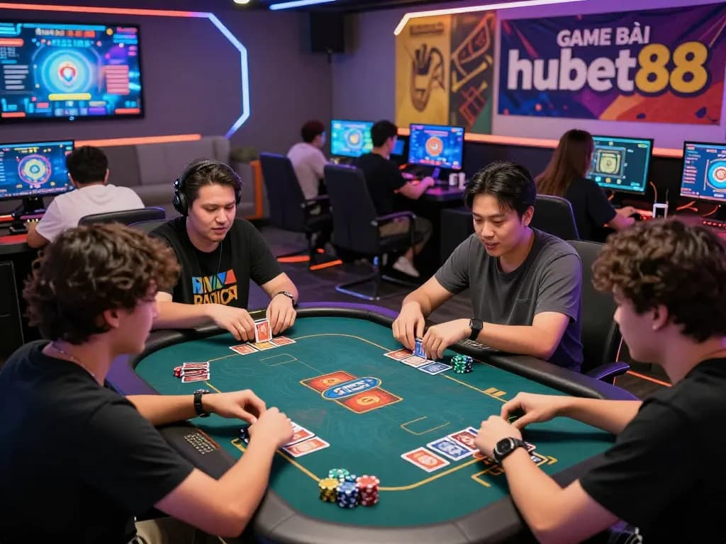 Engaging players enjoying GAME BÀI hubet88 online card games in a vibrant digital lounge atmosphere.