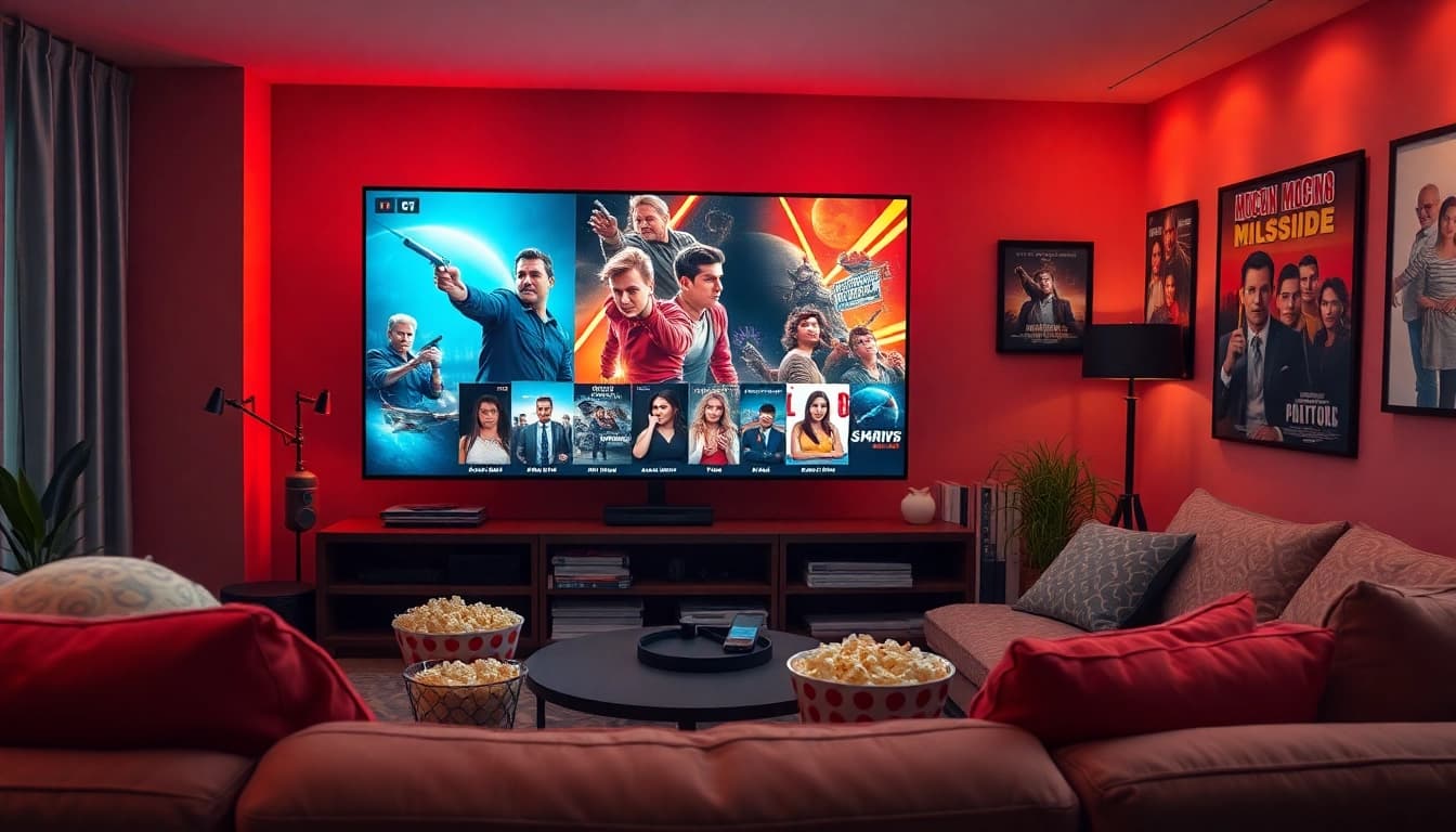 Enjoy a captivating scene of watching filme noi in a cozy living room with vibrant lighting and film posters.