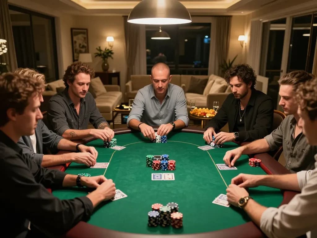 Players strategizing in a lively home poker game inspired by tor hidden wiki connections