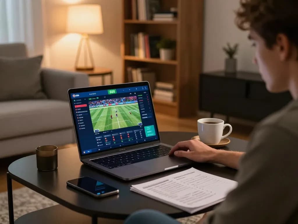 Engaging scene of a player utilizing a laptop for online betting on 888b sports app with cozy home ambiance.