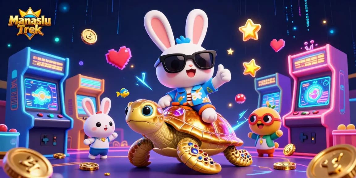 Engage in thrilling Manaslu Trek adventures with a lucky rabbit and golden turtle amidst vibrant casino elements.