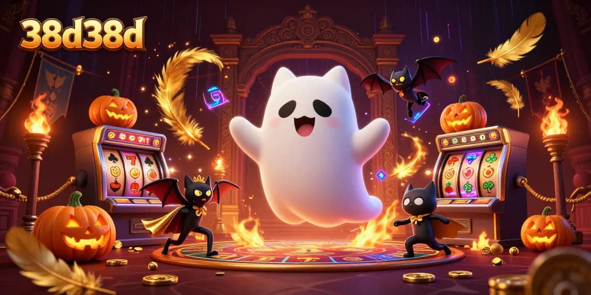 Witness the excitement at 38d38d with a ghost cat, bat, and glowing poker pumpkins amidst vibrant casino elements.