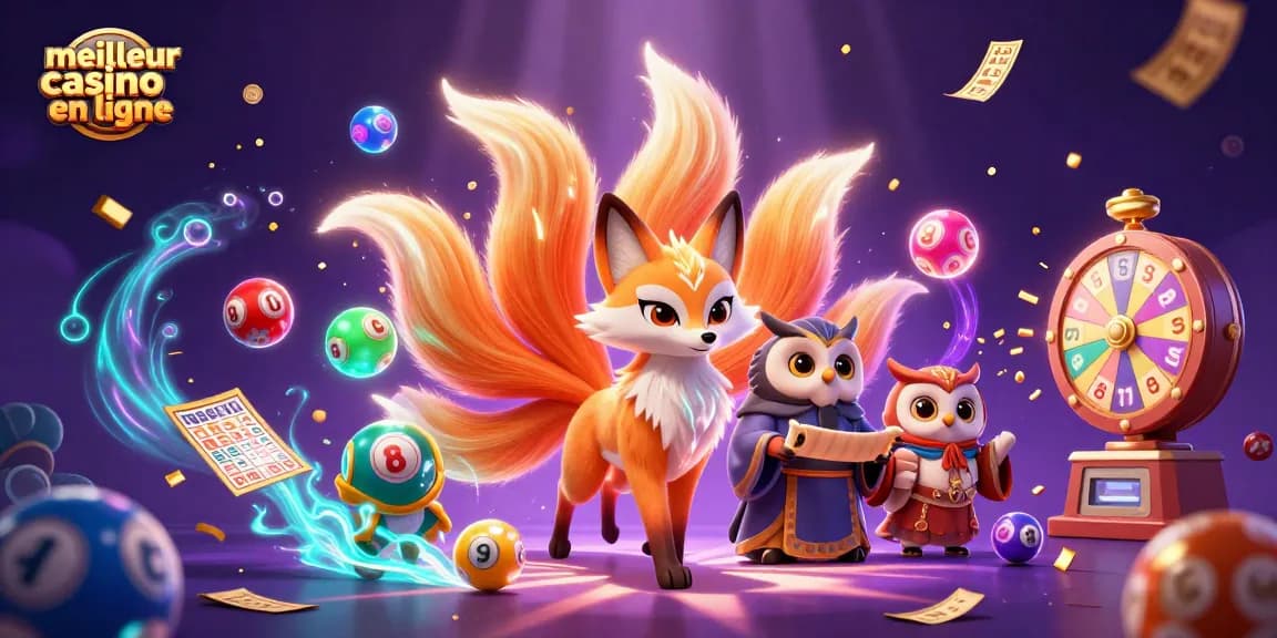 Gagnez au meilleur casino en ligne avec une illustration animée des esprits et des éléments de loterie colorés.