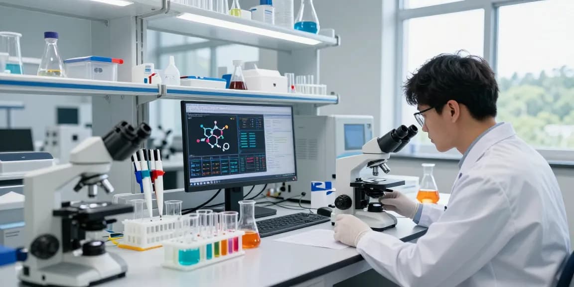 SwissChems Peptides research laboratory scene with scientist conducting experiments and colorful solutions