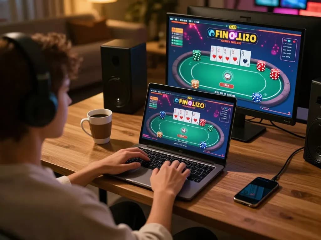Engaged player enjoying ee88 online casino game experience on a laptop with poker interface