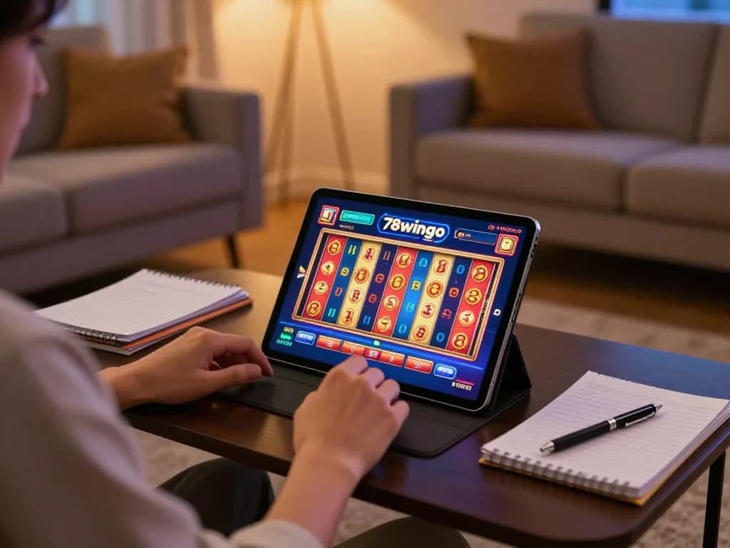 Engaged player enjoying online casino games on 78wingo's platform with vibrant slot machine interface.