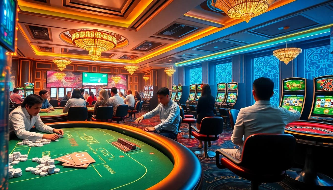 Luxurious casino scene showcasing KJC gaming platforms with poker tables, roulette wheels, and lively players.