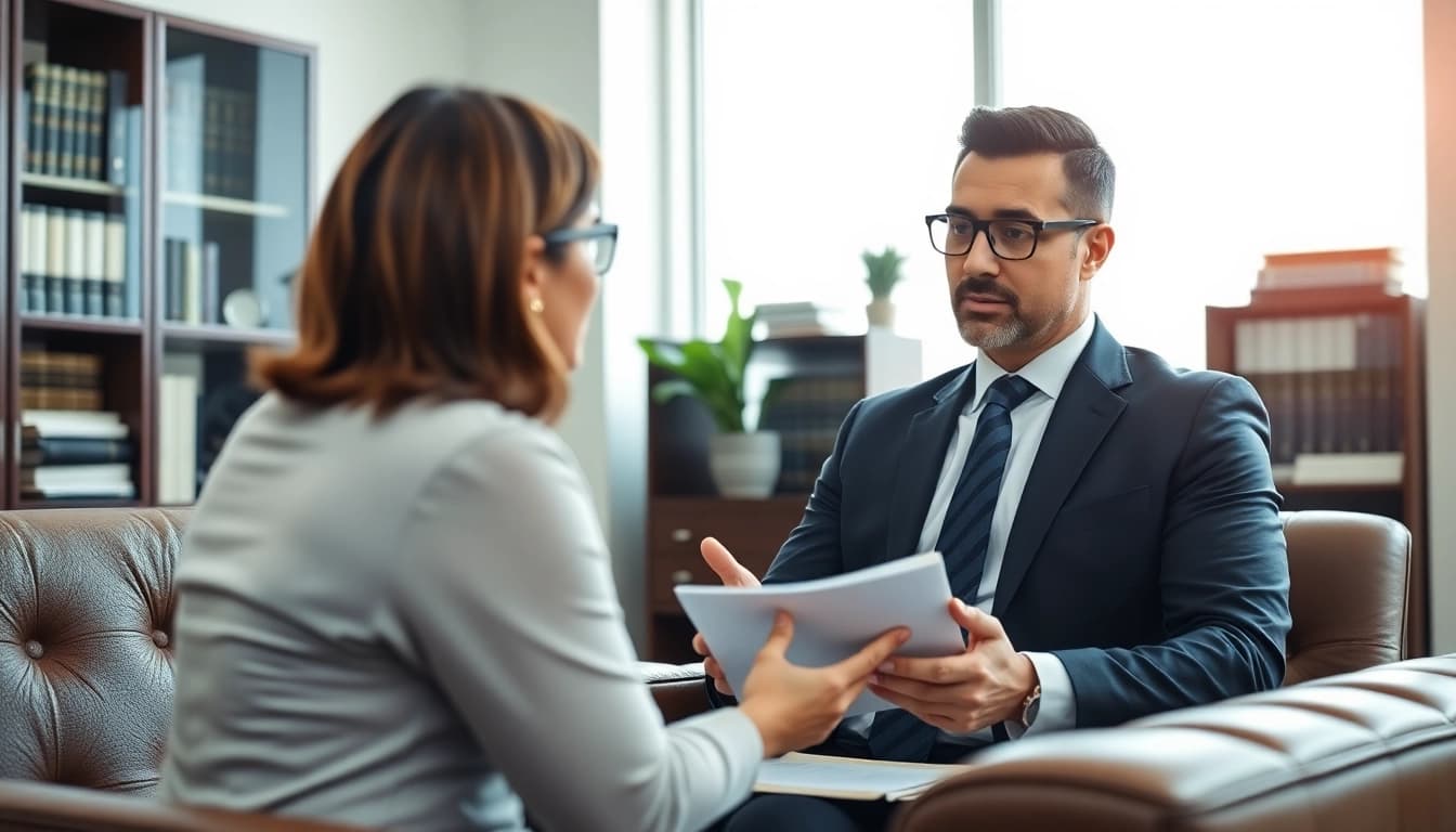 Engaging Miami-Dade County litigation Lawyer discussing case in a modern office, showcasing professionalism.