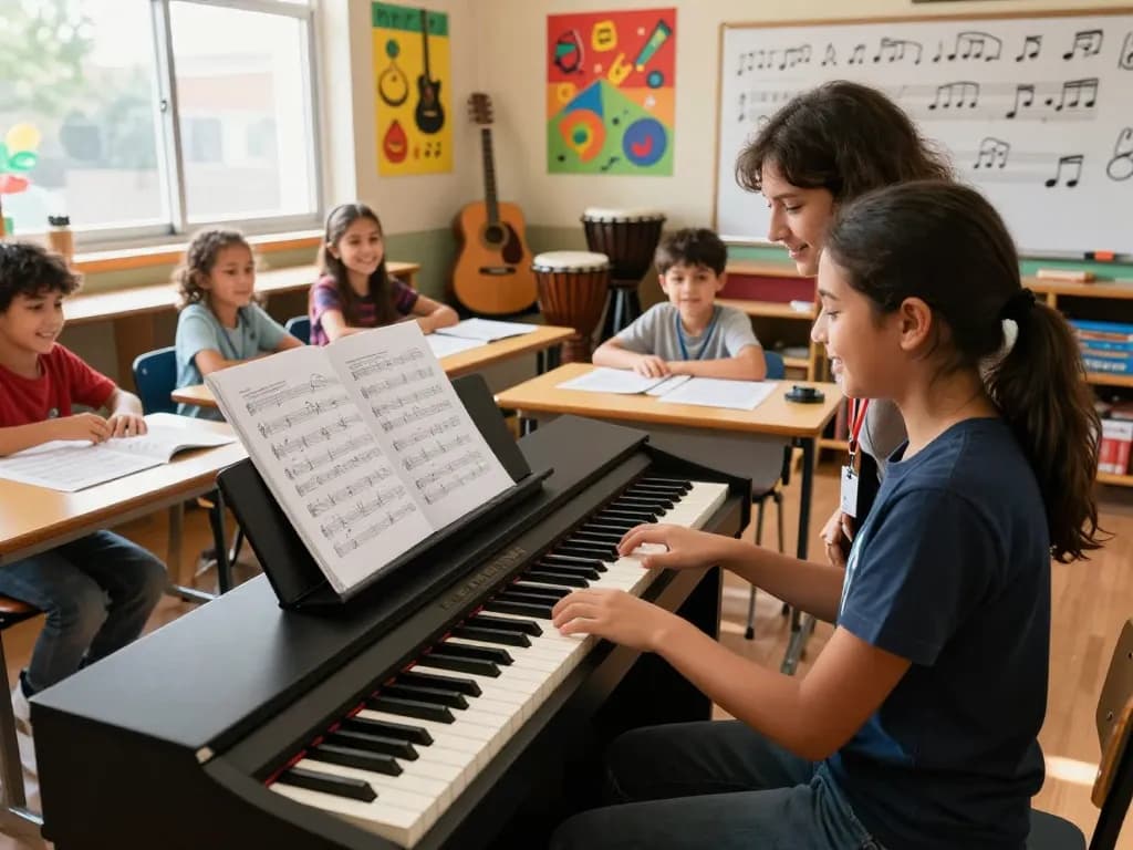 Children joyfully learning music on the go 88 digital piano in a bright classroom.