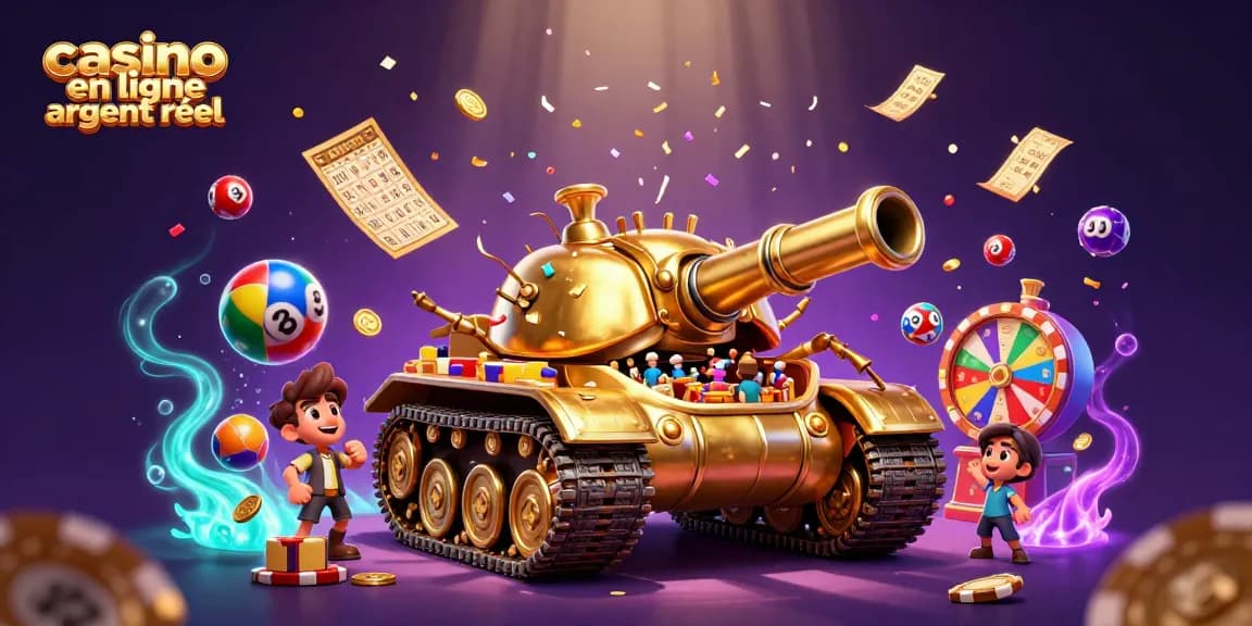 Jouer dans un casino en ligne argent réel avec des croupiers miniatures et un tank en or riche en animations.