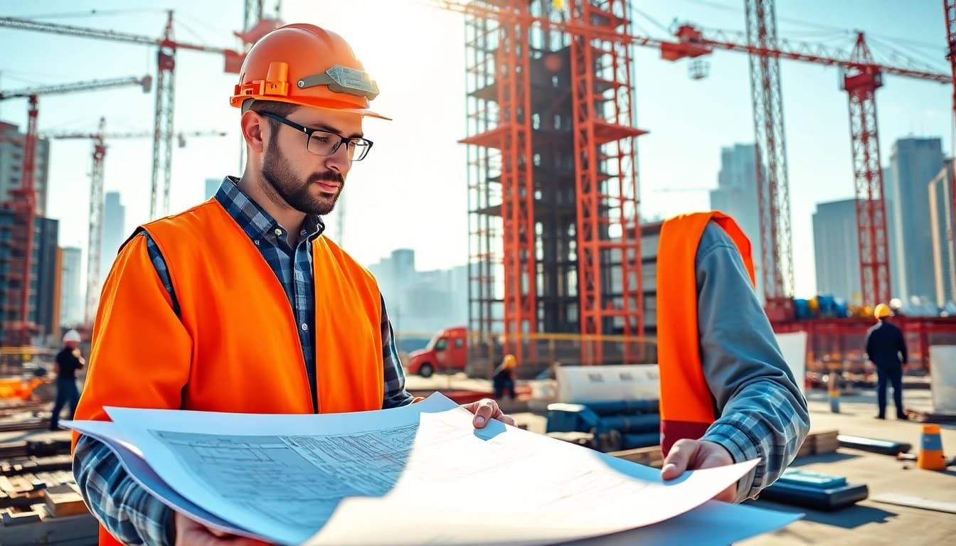 New York Construction Manager examining plans on-site to improve project management and efficiency.