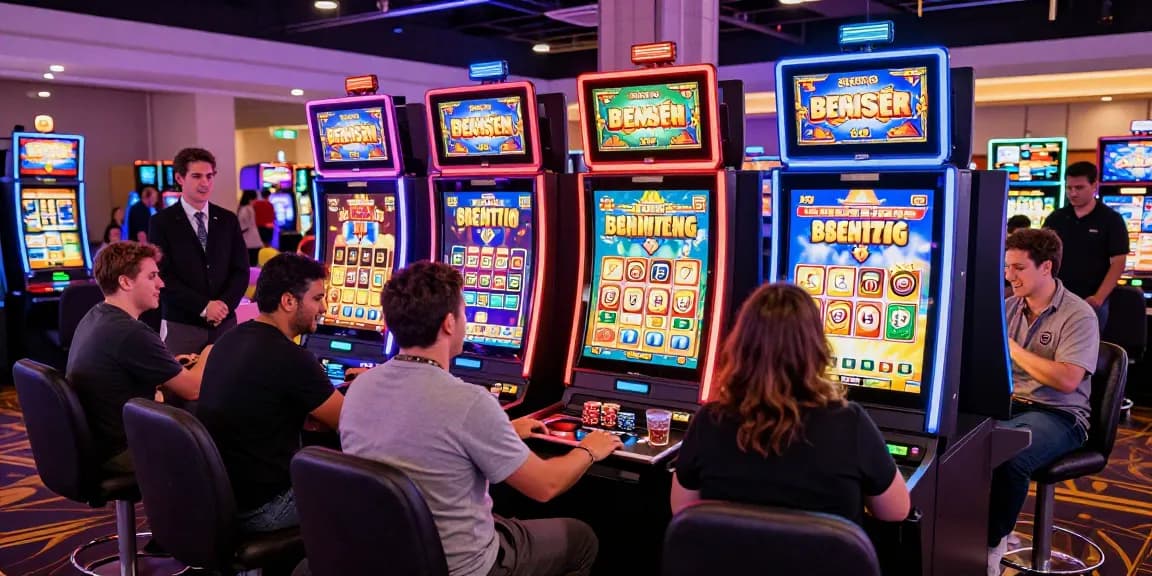 Players enjoying vibrant slots where you can buy the bonus on a lively casino floor, highlighting excitement and engagement.