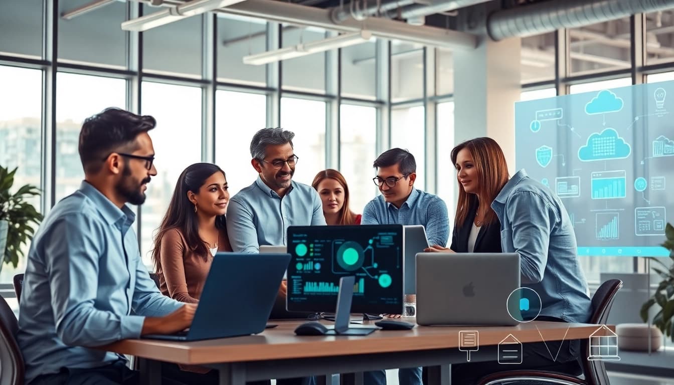 Team providing Managed IT Services discussing data analytics in a modern office space.