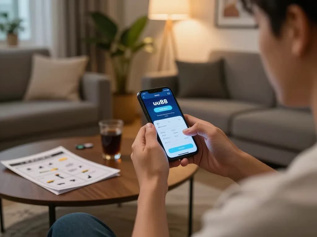 Engaging scene showing a player using the uu88 app on their smartphone in a cozy home environment.