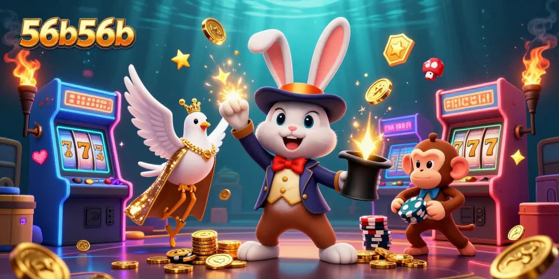 Experience the thrill of 56b56b with a magician rabbit and playful elements in a vibrant casino scene.