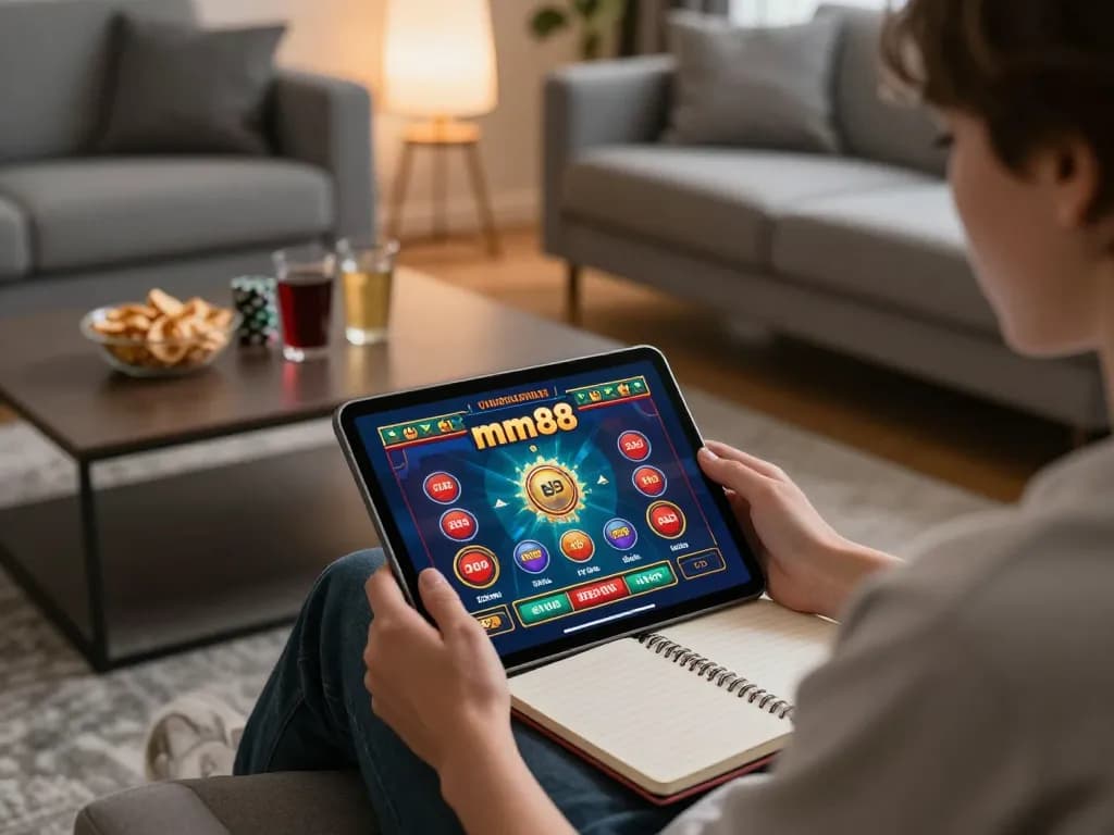 Engaging in mm88 online gaming from a cozy living room, showcasing a tablet with casino interface.