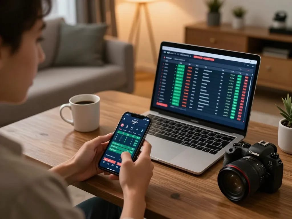 Engaged user reviewing betting odds on tylekeonhacai88 app during a sports event in a cozy environment