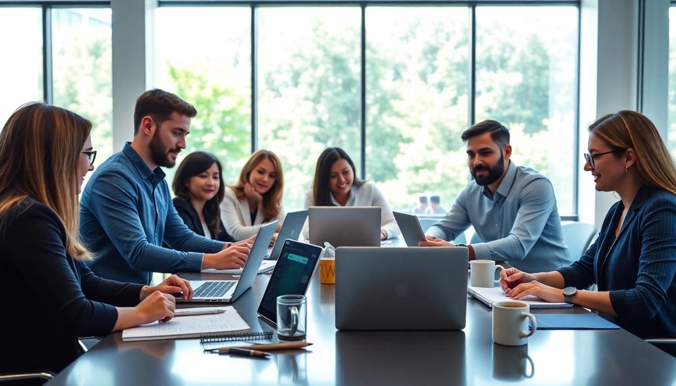 Wordpress Agentur team collaborating in a modern office setting with creative digital tools.