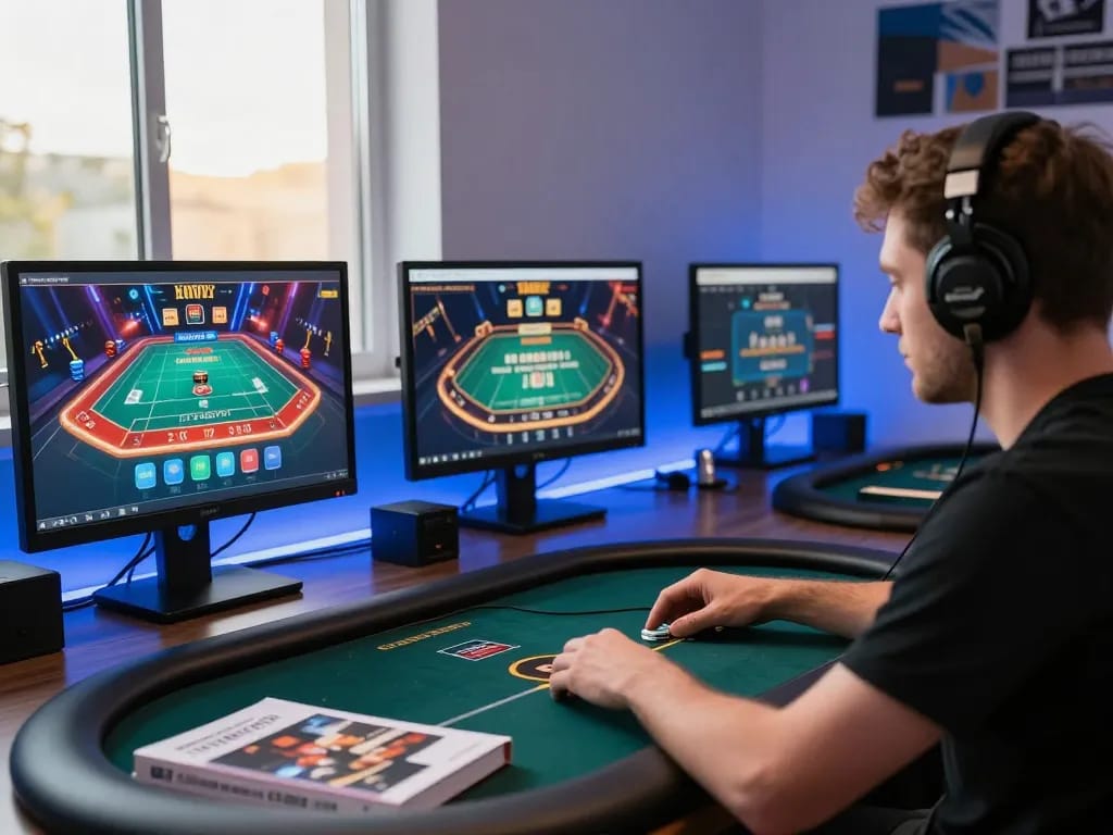 Play at nhà cái 388bet with a professional online poker setup showcasing multiple screens and strategy notes.