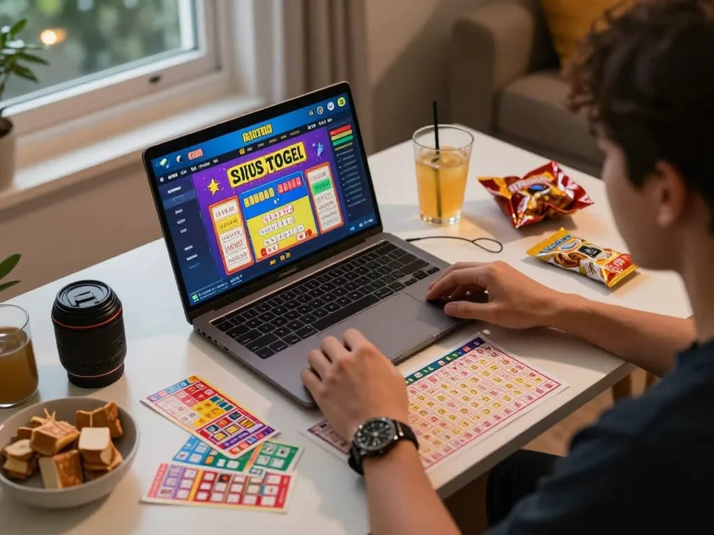 pemain situs togel terlibat dengan antarmuka lotere berwarna-warni selama sesi permainan online di rumah