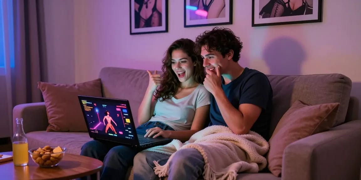 Couple enjoying real sex games together on a laptop in a cozy living room setting.