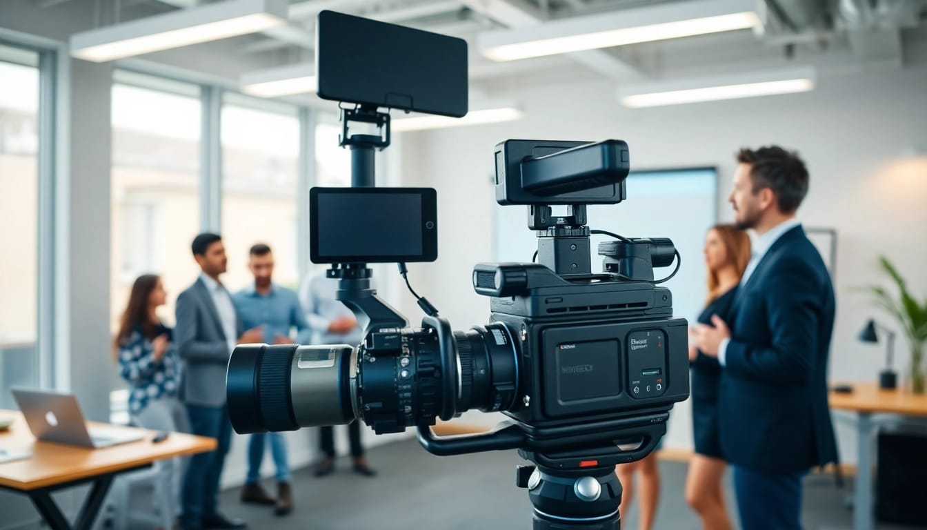 Capture corporate video production in action, highlighting professionals collaborating in a modern office.