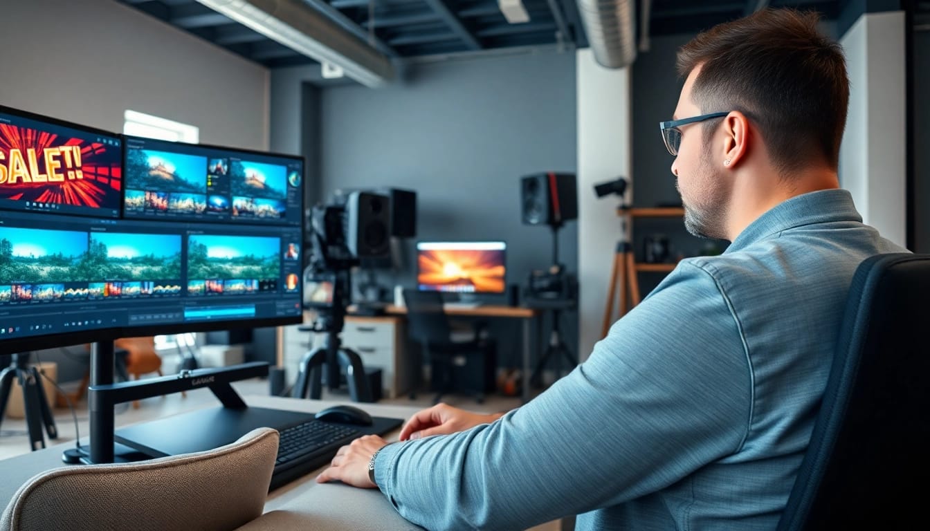 Engaging in post-production & editing, a video editor works in a dynamic creative studio.