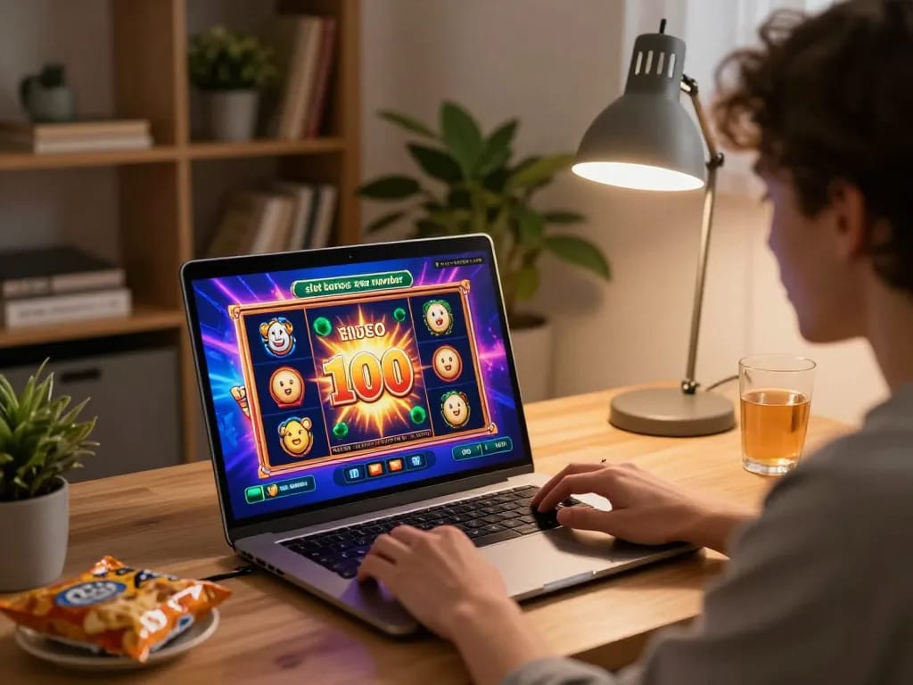 Engaging in online slots with slot bonus new member 100 on display in a cozy home office environment.