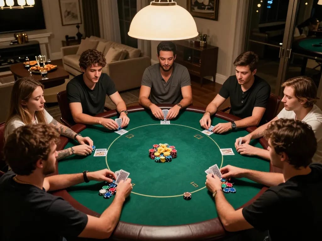 Friends enjoying a lively poker game at home, showcasing manclub atmosphere of competition and camaraderie.