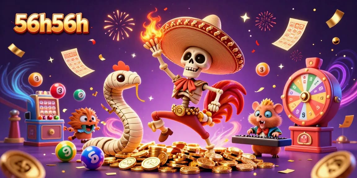 Viva o 56h56h com uma ilustração vibrante de personagens de cassino e bolas de loteria.