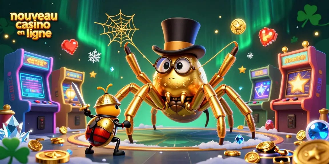 Découvrez un nouveau casino en ligne avec une araignée dorée animée au milieu d'une scène dynamique et colorée.