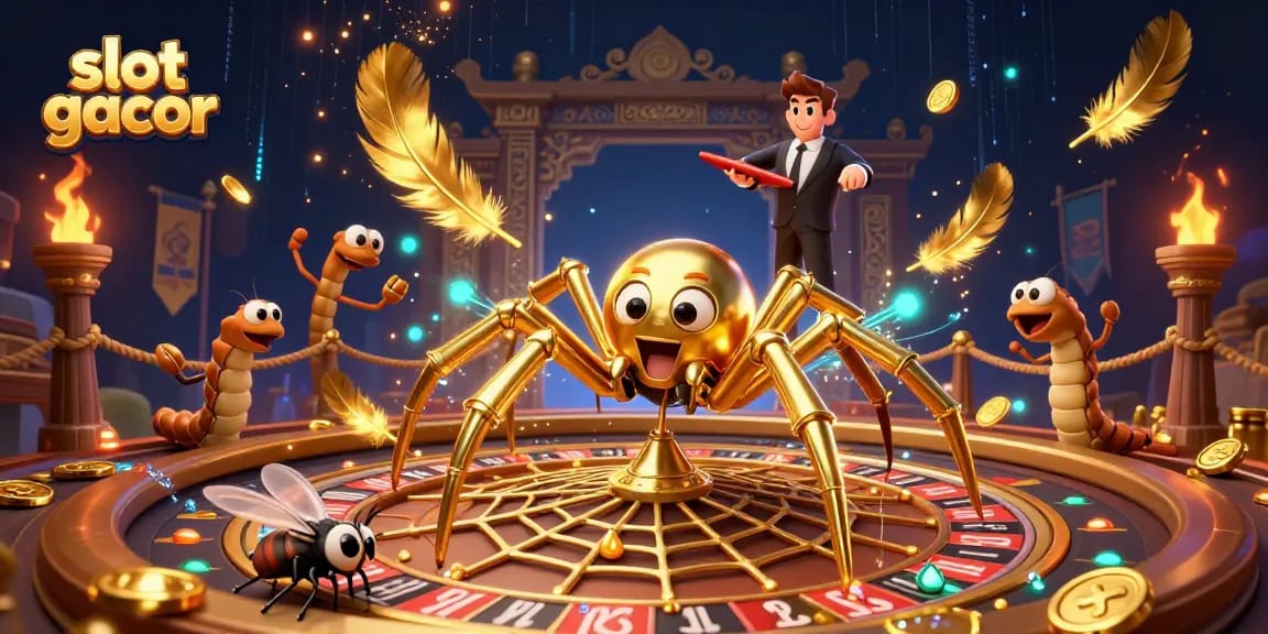Menangkan slot gacor melalui taruhan cerdas dengan kisah laba-laba emas dan centipede dalam ilustrasi 3D.
