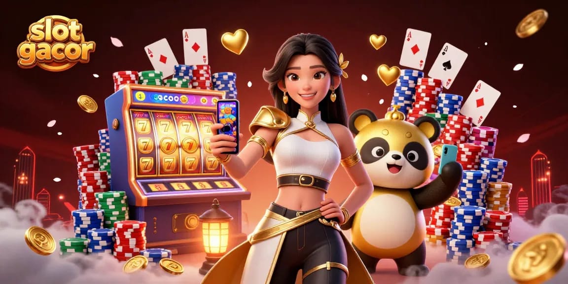 Engage with the thrilling slot gacor experience featuring a dynamic duo and vivid game elements in an engaging illustration.