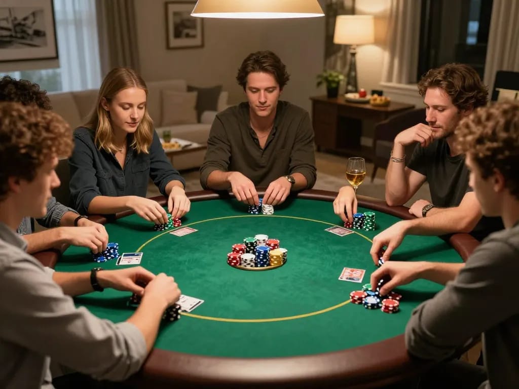 Experience a lively home poker night with friends, featuring the sunwinapk app engaging players in high-stakes Texas Hold'em.