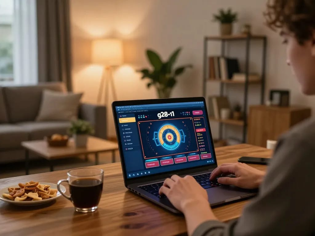 Person enjoying online gaming at g28-t1 in a cozy home setting with snacks and warm lighting.