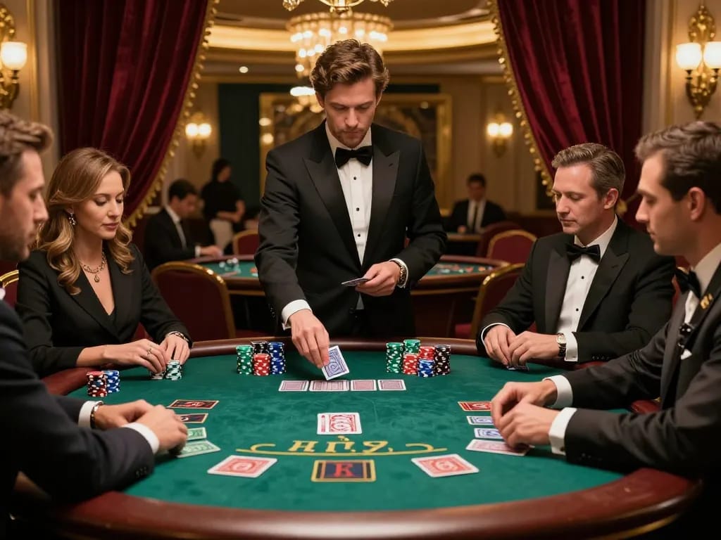 Players engaging in strategic blackjack gameplay at cm88-t1 luxury casino table, vibrant chips in focus.