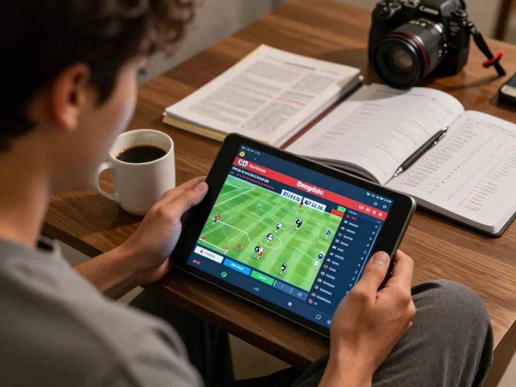 Bongdalu user placing bets on a tablet, showcasing live sports scores and excitement in a cozy home setting