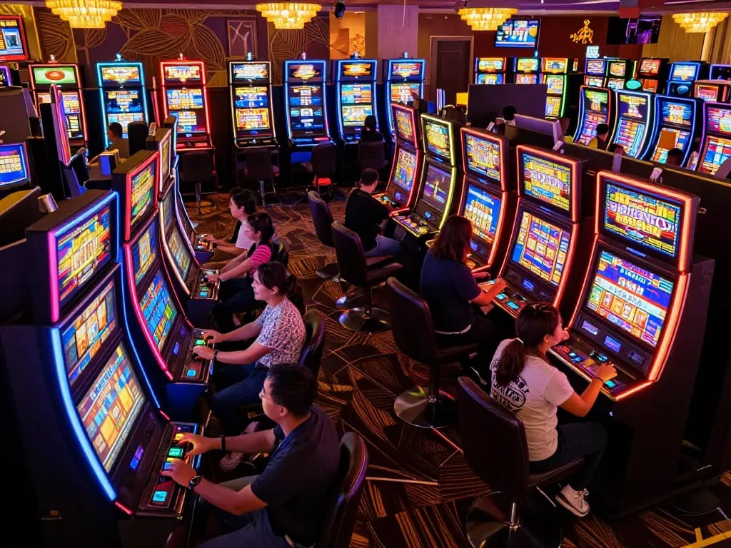 Players enjoying slot machines in a lively casino, with colorful displays and excitement in the air.