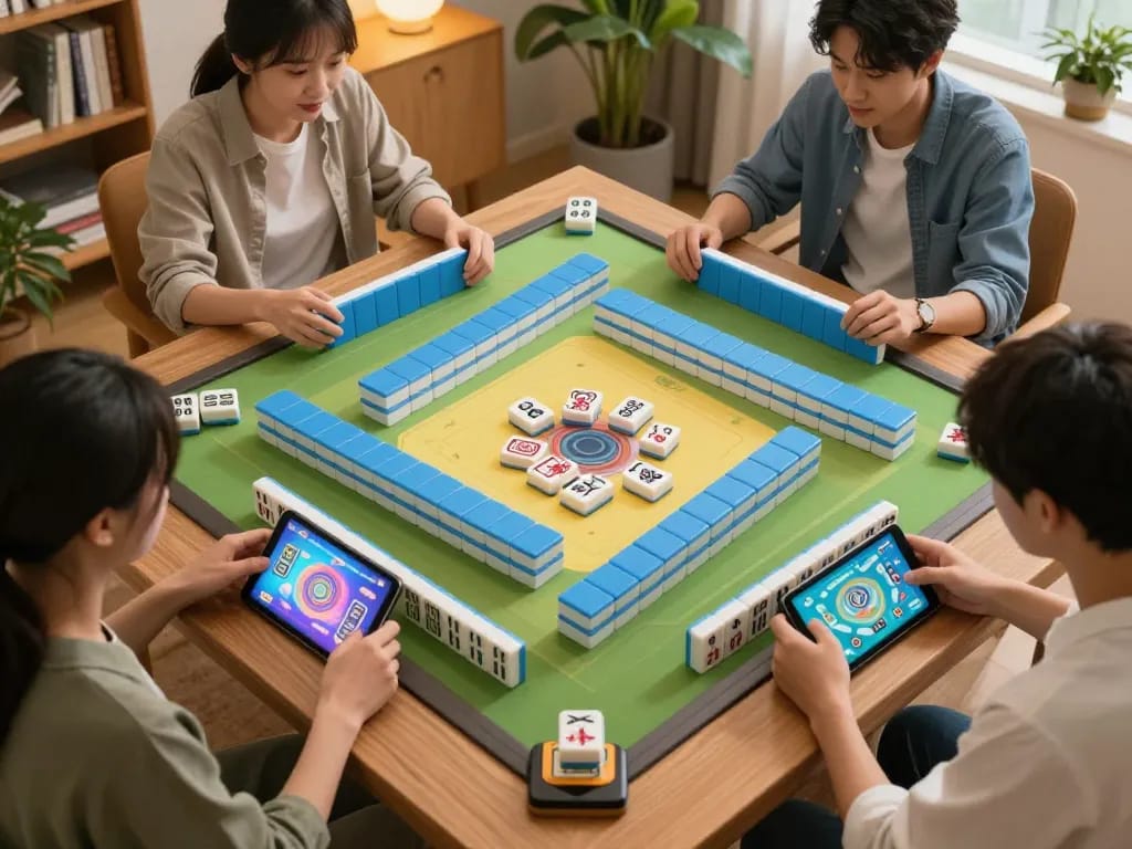 Players strategically engaging in a Mahjong game, showcasing vibrant tiles in an online setting.