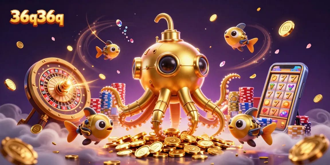 Experience thrilling wins with 36q36q's golden kraken submarine amidst dazzling casino elements.